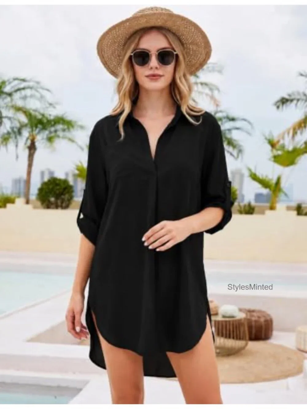 Swimsuit Cover Up Dress, V-Neck 3/4 Sleeve, Asymmetrical Hem
